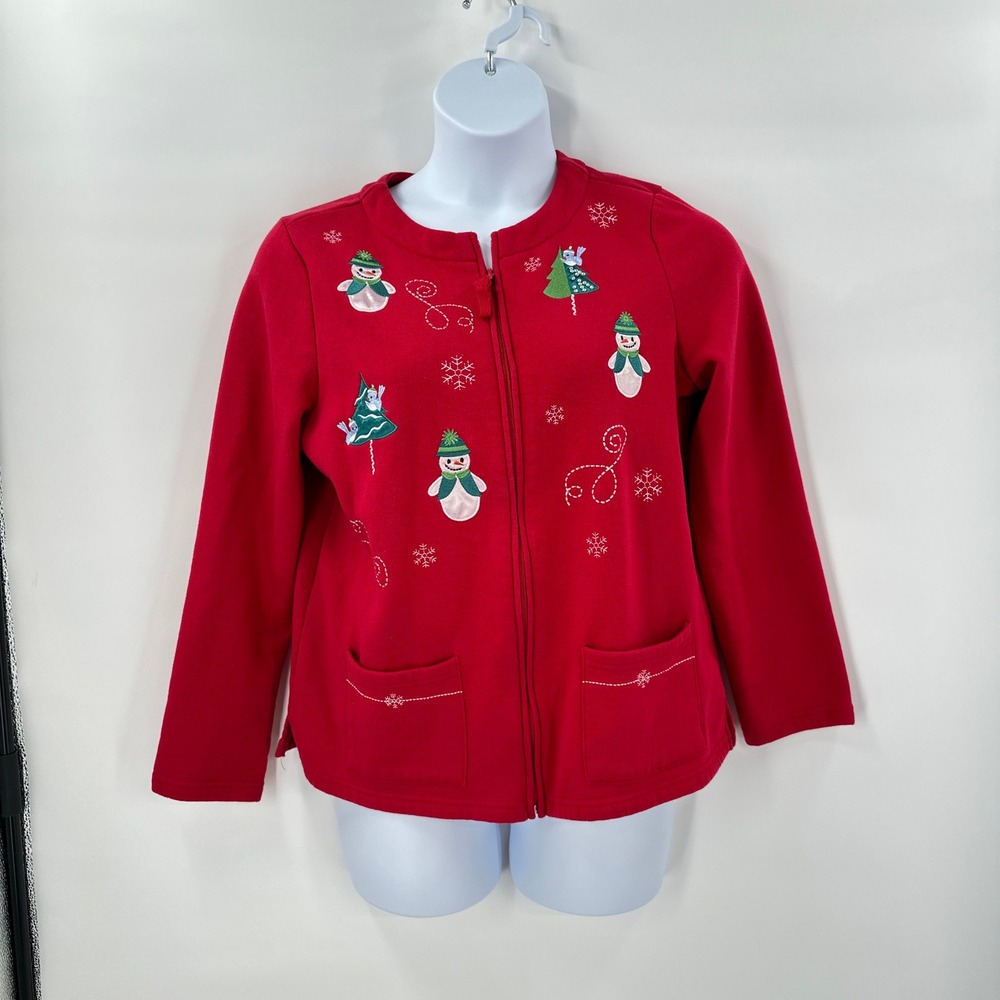 Christmas Cardigan Sweater Womens Large Zip Up Snowman‎ Tree Embroidery Novelty
